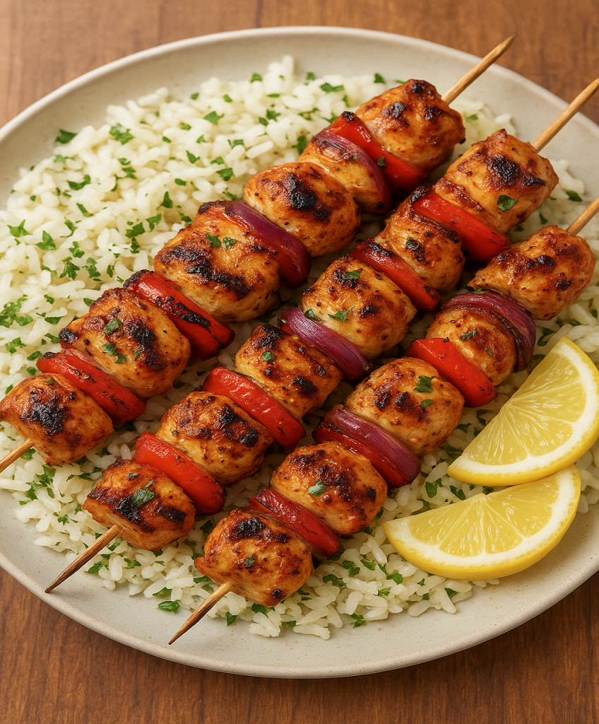 chicken kebabs with herbed rice