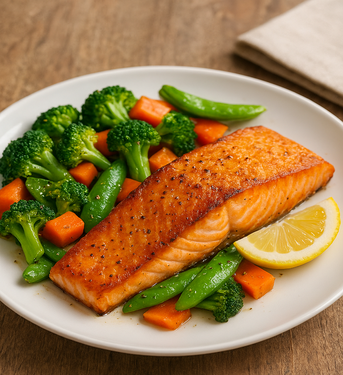 pan seared salmon with veggies
