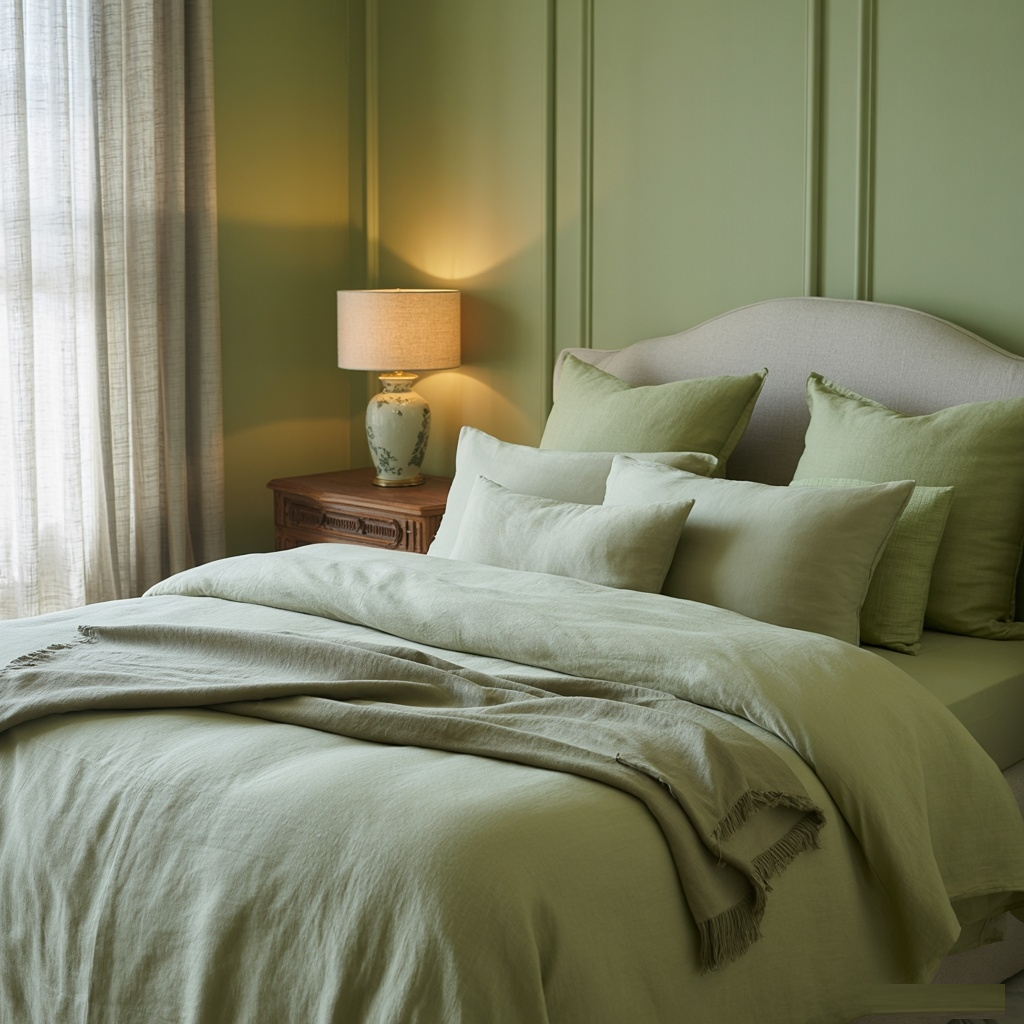 Sage Green Bedroom Ideas: Color Palettes, Decor Tips & What Colors Go With Sage Green A photorealistic depiction of a serene sage green bedroom, showcasing ultra-detailed and luxurious design elements. The room features elegantly cozy bedding in harmonious sage green tones, soothing sage green walls complementing the decor. Soft, ambient lighting casts a gentle glow, creating a warm and relaxing atmosphere. Curtains patterned with subtle sage green designs frame a large window, enhancing the room