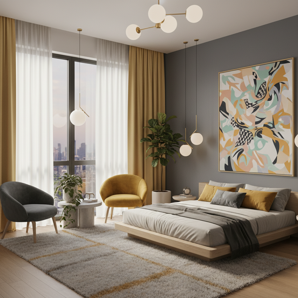 20 Modern Decorating Ideas for Bedrooms Artistic depiction of a contemporary luxurious bedroom, featuring a harmonious mustard yellow and slate grey color scheme. Stylish Scandinavian furniture with elegantly curved lines and textured velvet accent chairs exude comfort. Silk curtains cascade gracefully, complementing oversized modern art adorned with dynamic patterns and pastel tones. Spherical pendant lighting casts soft, diffused illumination, enriching the room