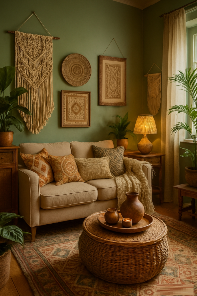 Sage Green Bedroom Ideas: Color Palettes, Decor Tips & What Colors Go With Sage Green Boho-style sage green room; photorealistic, ultra-detailed depiction; cozy, eclectic decor rich in textures, textile layers; sage green walls and accents throughout; vintage wooden furniture, paired with macramé wall hangings and mixed patterns. Ambient lighting creates a warm, inviting glow, with interplay of natural light enhancing textural depth. Lush green plants placed strategically add a burst of life; artisan craft pieces are displayed as focal points. Captured in 8k resolution, with attention to composition techniques ensuring a harmonious, balanced scene.