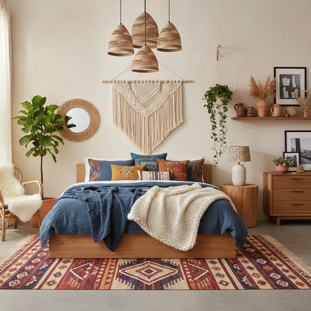 20 Modern Decorating Ideas for Bedrooms Contemporary bohemian bedroom featuring soft neutral walls with vibrant textiles, intricate patterns; natural wood furniture, macramé wall hangings; lush indoor plants adding freshness. Cozy, layered bedding with diverse textures, rich colors; patterned area rug anchoring the space. Intricate pendant lighting providing warm ambiance, enhancing boho charm. Artistic decor pieces creating an eclectic, balanced environment. This stylish retreat is visually appealing with a harmonious blend of modern charm and relaxed atmosphere.