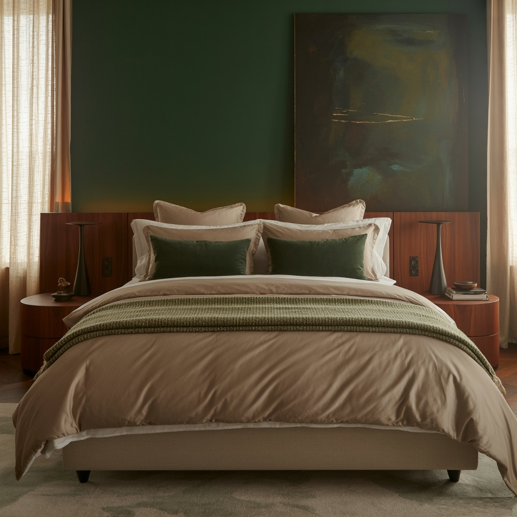 20 Modern Decorating Ideas for Bedrooms Elegant bedroom design featuring deep forest green walls and soft taupe accents, sleek modern furnishings intertwined with classic wood details, ambient warm lighting casting rich textures and plush textiles in a serene glow. A focal point bed with luxurious layered bedding, surrounded by minimalist yet artistic decor highlights the refined atmosphere. The spacious composition invites relaxation, with a play of shadows and light enhancing the room