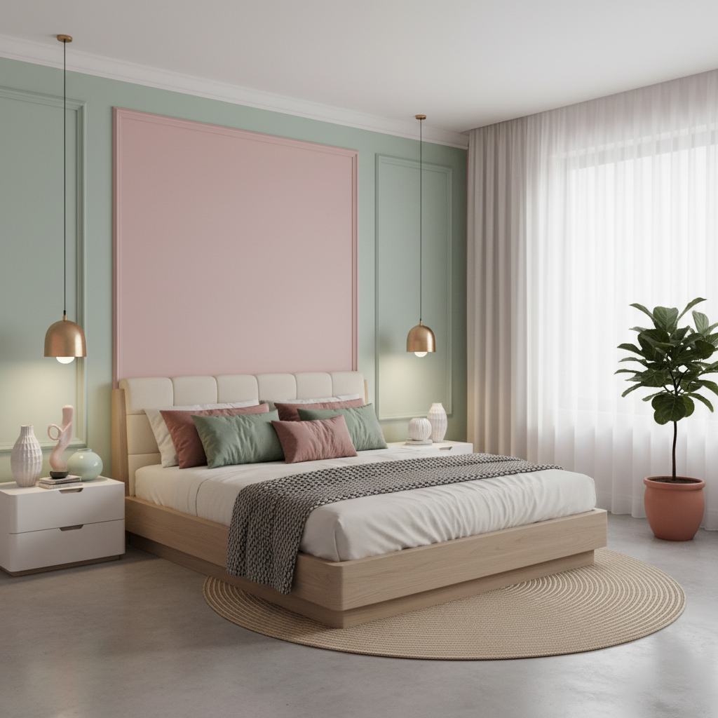 20 Modern Decorating Ideas for Bedrooms Elegant bedroom design with soft pastel palette, blush pink walls, mint green highlights; minimalist modern furniture with sleek lines; plush velvet throw pillows and gold lighting fixtures add luxury. Bamboo rug, ceramic decor bring natural touch. Soft, diffused illumination enhances color harmony, creating serene, tranquil retreat.