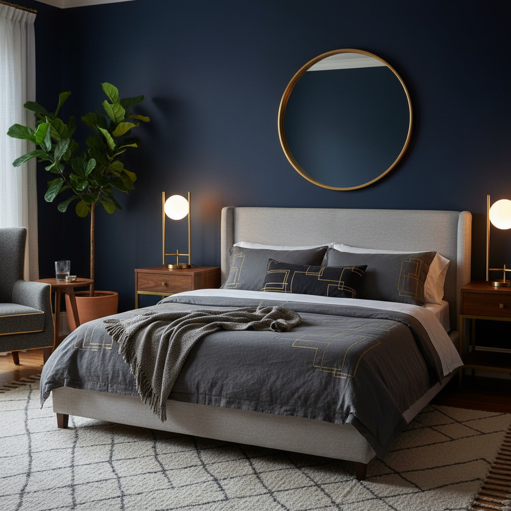 20 Modern Decorating Ideas for Bedrooms Elegant bedroom interior, featuring deep navy walls and charcoal bedding, adorned with subtle gold accents. Modern furniture with sleek lines enhances the sophisticated style. Natural textures are introduced through elements like a woven rug or wooden bedside table. The atmosphere is cozy and inviting, with soft lighting casting gentle shadows, highlighting the rich color palette. The composition follows the rule of thirds, with an artful arrangement of decor to balance the space. Contrast between the cool navy and warm gold invites a sense of harmony and luxury, creating a timeless retreat.