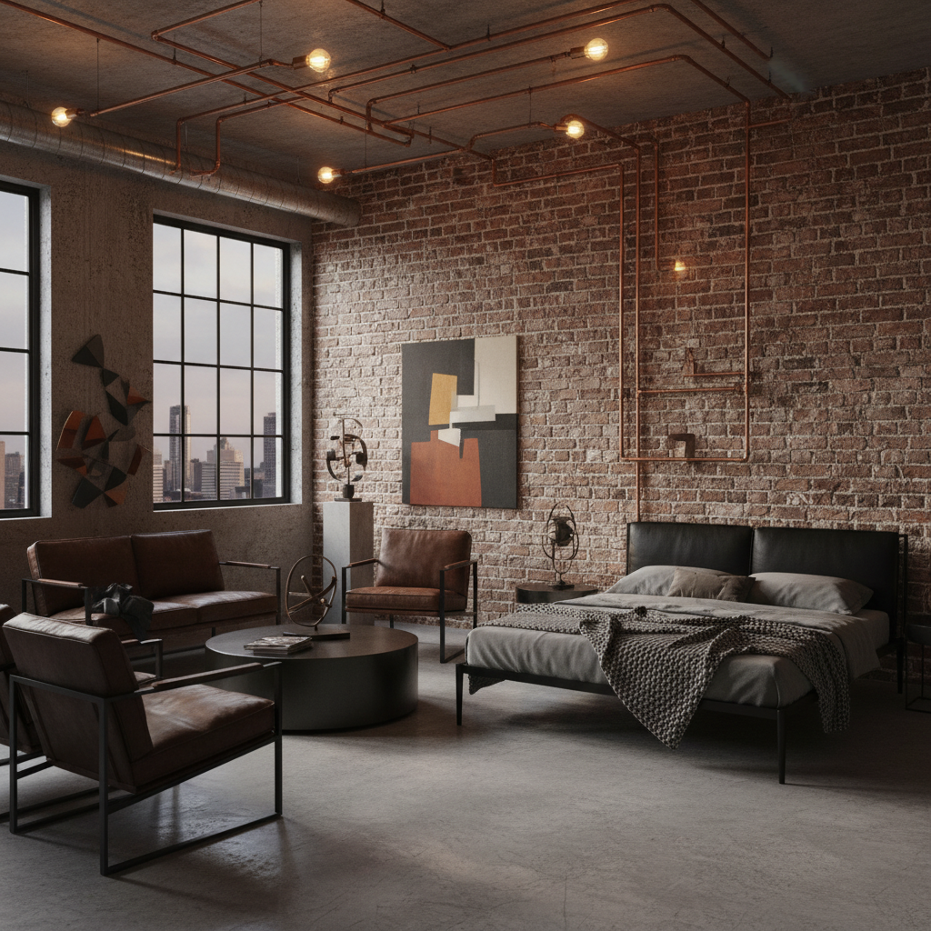 20 Modern Decorating Ideas for Bedrooms Industrial chic bedroom, featuring exposed brick walls and concrete flooring; minimalist furniture in sleek black metal, contrasting with plush leather accents on chairs and sofa. Warm Edison bulbs encased in copper piping providing a vintage, ambient glow. Modern art pieces and sculptures strategically arranged, offering refinement amid rugged surroundings. Play of shadows and light, enhancing texture contrasts, infusing the space with warmth and sophistication. Composition underscores balance, with raw materials meeting refined elements, creating an inviting, edgy atmosphere.