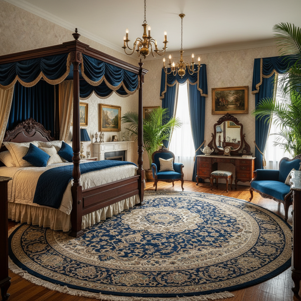 20 Modern Decorating Ideas for Bedrooms Luxurious bedroom with a deep royal blue and creamy ivory color palette. Victorian-style furniture with rich mahogany wood accents, opulent velvet drapes, and silk bedding. Antique brass chandeliers cast a warm glow, enhancing intricate details. Persian rug grounds space with artistic flair. Classical art pieces add historical charm, echoed through soft textures and muted tones. Draping curtains frame the scene, lush indoor plants for natural freshness. Composition uses light and shadow to create dimension; evokes timeless elegance with a rich tapestry of colors and textures, luxurious ambiance in a cozy setting.