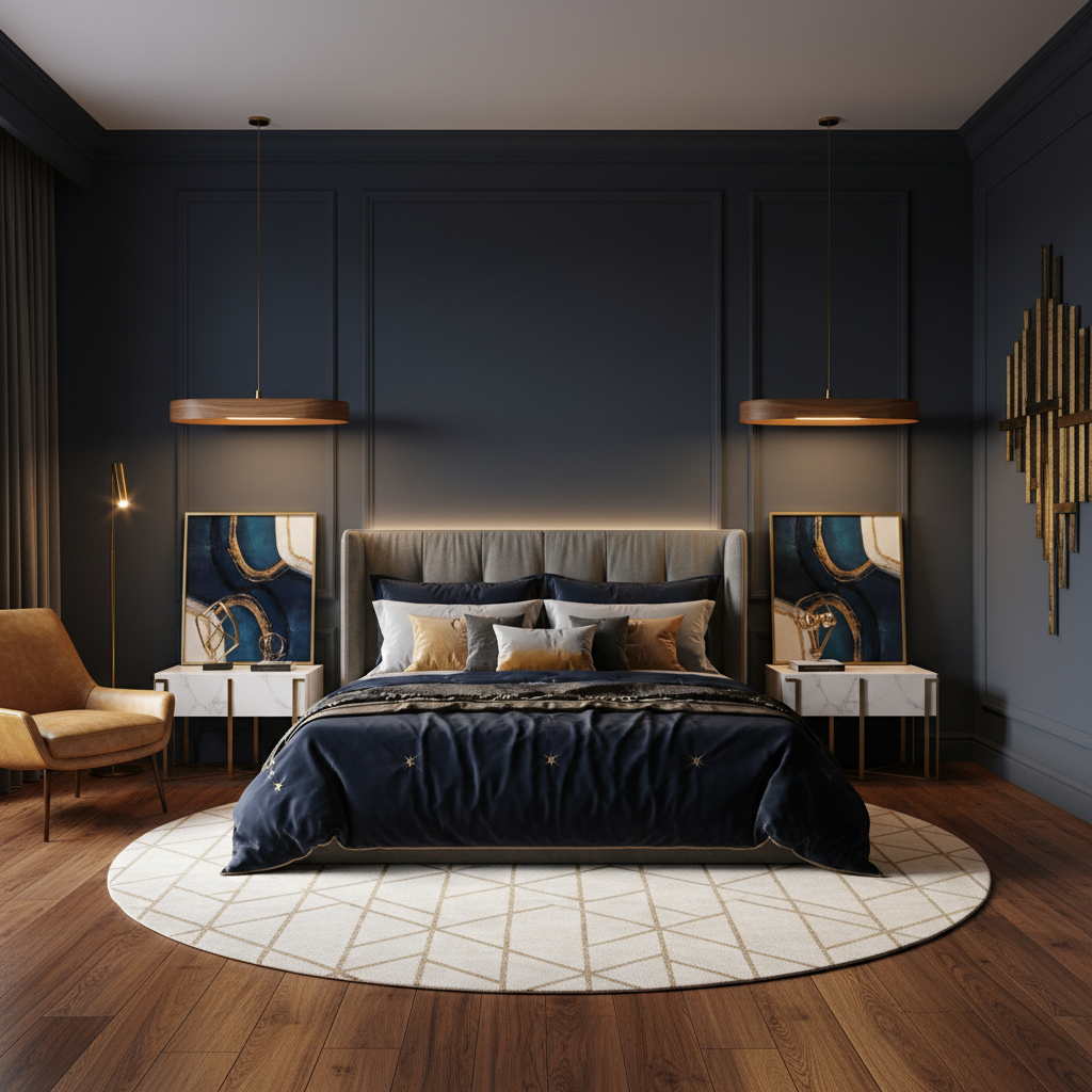 20 Modern Decorating Ideas for Bedrooms Luxurious modern bedroom, deep navy and charcoal walls, warm golden accents; stylish furniture with clean lines; plush velvet bedding, silk pillows; elegant marble side tables, gold-framed artworks; ambient soft lighting enhancing opulence; natural wood floors; texture contrast with wooden light fixtures; harmonious blend of warmth and space; cozy elegance, modern luxury from balanced composition.