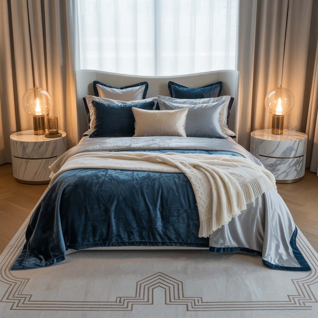 20 Modern Decorating Ideas for Bedrooms Luxurious modern bedroom with sapphire blue and silver tones, ivory accents; sleek, minimalist furniture with clean lines; plush velvet and silk bedding; elegant polished marble and glass decor; ambient lighting creating a warm glow; natural wood floors with chic area rug; subtle art deco elements; harmonious blend of elegance and luxury; photorealistic style, ultra-detailed, 8k resolution, perfect lighting for opulent and serene atmosphere.