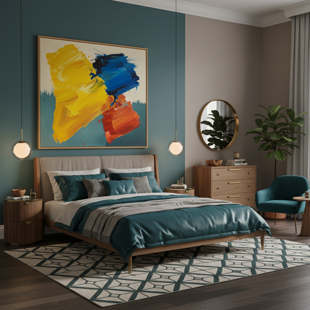 20 Modern Decorating Ideas for Bedrooms Modern elegant bedroom with deep teal and taupe color palette; mid-century modern furniture featuring brass accents; plush velvet and silk bedding creating a luxurious feel; bold abstract art as focal point, bold strokes and vibrant colors; glass pendant lighting casting soft, warm glow; geometric-patterned area rug adding visual interest; natural wood decor elements against chic backdrop; balanced composition infusing sophistication and warmth; contemporary elegance harmonized with classic design elements.