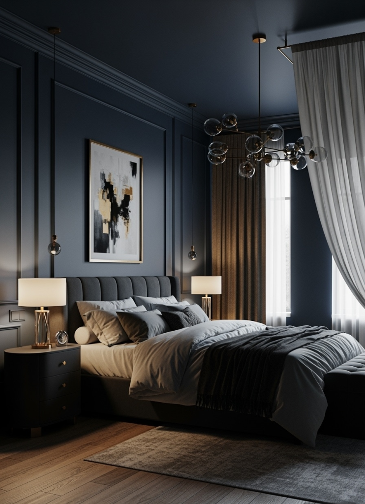 20 Modern Decorating Ideas for Bedrooms Photorealistic artistic representation of an elegant bedroom, featuring deep navy walls and charcoal furnishings, accented by subtle hints of gold. The design exudes a modern retreat vibe, with rich, warm tones and natural textures weaving a timeless ambiance. Perfect lighting highlights the interplay of shadows and light, emphasizing the luxuriousness and coziness of the space. The composition focuses on an inviting bed with plush, layered bedding and soft drapery, creating a gentle flow of movement. Elegant decor and sophisticated color schemes enhance the room