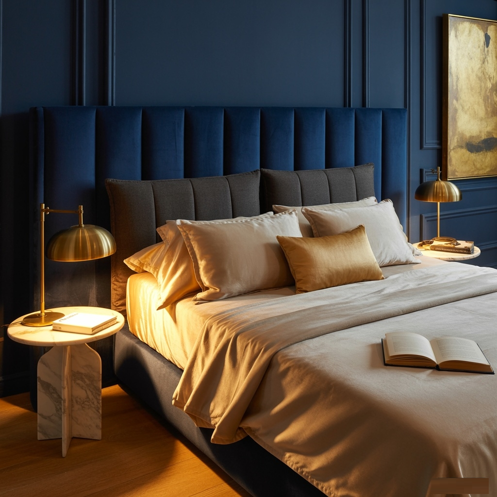 20 Modern Decorating Ideas for Bedrooms Photorealistic image capturing a luxurious modern bedroom with deep navy and charcoal walls, accented by warm golden hues. Stylish furniture featuring clean lines complements plush velvet bedding and silk pillows. Elegant marble side tables and gold-framed artworks add opulence. Ambient soft lighting enhances warmth and richness, while natural wood floors and wooden light fixtures provide a textural contrast. The composition embodies a harmonious blend of cozy elegance and modern luxury, with perfect lighting and ultra-detailed 8k resolution highlighting the refined atmosphere.