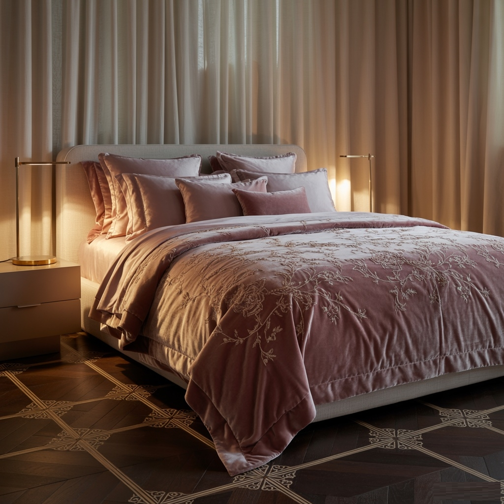 20 Modern Decorating Ideas for Bedrooms Photorealistic image of a luxurious bedroom featuring rich aubergine and cream tones; sleek modern furniture with bronze and glass accents. Velvet and silk bedding draped elegantly over an inviting bed; ambient lighting casts a warm glow, highlighting intricate patterns on dark wood floors. Art nouveau decor elements bring delicate sophistication, with intricate details in wall art and bronzed trim. Composition captures a harmonious blend of elegance and luxury, showcasing a serene and opulent atmosphere. Ultra-detailed in 8k resolution, emphasizing texture contrasts and refined lighting for a perfect retreat ambiance.