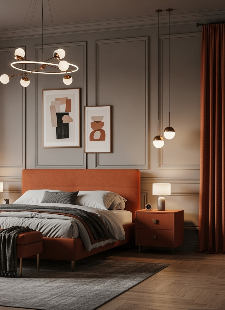 20 Modern Decorating Ideas for Bedrooms Photorealistic image of an elegant bedroom design in burnt orange and muted grays; soft, ambient lighting creating a warm, inviting atmosphere. Classic wooden furnishings with bronze accents enhance sophistication. Rich textures of cozy rug and layered bedding highlighted by light; minimal yet tasteful decor including abstract art pieces. Balanced composition reflects harmony, offering a refined retreat. Perfect for relaxation and luxury, showcasing a timeless elegance.