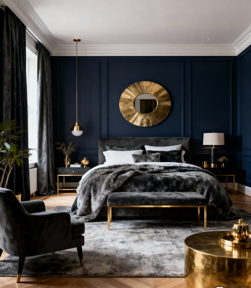 20 Modern Decorating Ideas for Bedrooms Photorealistic image of an elegant bedroom design featuring sophisticated navy, charcoal, and gold accents. The room has a modern retreat vibe, with rich tones and natural textures creating a timeless atmosphere. Perfect lighting accentuates deep navy walls paired with charcoal furnishings, while subtle gold accents add a touch of luxury. A cozy yet bold interior is evident, balancing classic elements with a contemporary style. There is an inviting bed with plush bedding, soft drapery, and elegant decor pieces. The composition captures a harmonious, refined space ideal for relaxation and luxury.