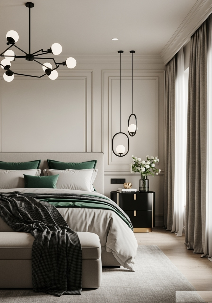 20 Modern Decorating Ideas for Bedrooms Photorealistic image of an elegant bedroom, featuring a rich emerald green color that exudes sophistication and tranquility. Soft cream tones complement the emerald, creating a soothing balance, with brushed nickel and black accents adding modern elegance. The room highlights natural textures and seamless lighting, crafting an inviting and warm ambiance. A luxurious bed with layered bedding is the focal point, draped with chic, airy fabrics. The composition is enhanced by sleek furnishings and tasteful decor pieces, achieving a refined yet welcoming space. The harmonious color palette and elegant design contribute to a serene retreat, ideal for relaxation and sophisticated living.
