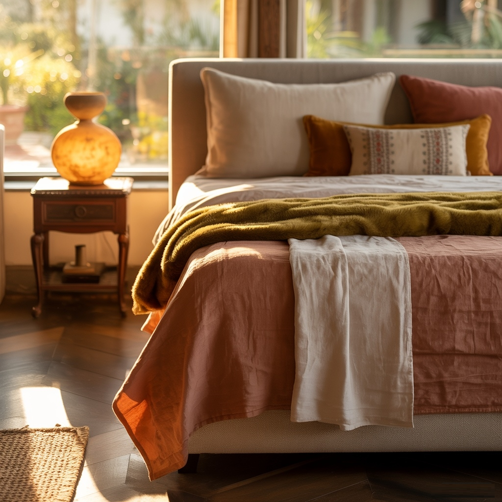 20 Modern Decorating Ideas for Bedrooms Photorealistic image of an elegant bedroom featuring warm earthy tones such as sand, terracotta, and olive green; modern furnishings merge with vintage details, emphasizing natural wood textures and ambient lighting. The inviting bed is adorned with plush, luxurious textiles and rich patterned soft tones. Harmonious decor pieces embody minimalist elegance, while art on the walls enhances spaciousness. The composition captures a serene, contemporary retreat, ideal for relaxation and peace, blending modern sophistication with timeless charm. Ultra-detailed, photorealistic style, 8k resolution, perfect lighting accentuates the luxurious and cozy atmosphere.