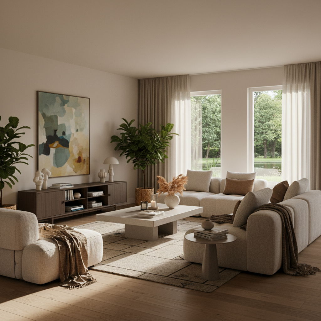 Sage Green Bedroom Ideas: Color Palettes, Decor Tips & What Colors Go With Sage Green Photorealistic living room, ultra-detailed, 8k resolution, perfect lighting; soft, warm ambient tones create inviting elegance; cozy seating with plush, textured fabrics; modern, sleek furniture in harmonious arrangement; gentle shadows cast by ambient lighting; stylishly curated decorative elements exuding tasteful charm; large, sunlit windows showcasing serene outdoor view; lush indoor plants enhancing fresh vitality; intricate details in rich textures and surfaces; understated, contemporary artwork subtly enhancing tranquility of the space.
