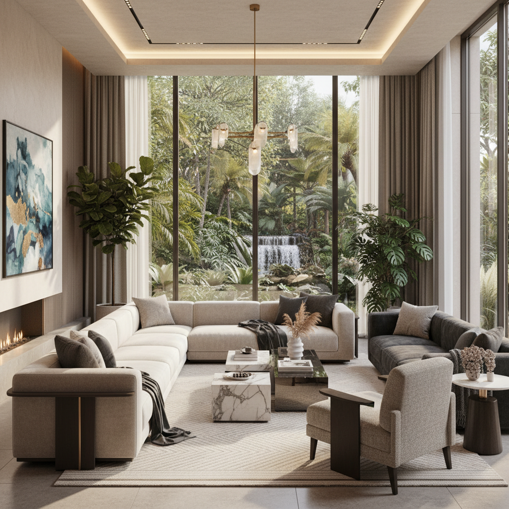 Sage Green Bedroom Ideas: Color Palettes, Decor Tips & What Colors Go With Sage Green Photorealistic luxurious living area with grand seating arrangement of plush, textured fabrics; featuring sleek, modern furniture lines. Stylish decorative elements accentuate elegance; large windows allow natural light to cascade in, showcasing lush nature outside. Indoor plants bring vitality; color palette harmonizes with soft ambient lighting, creating inviting warmth. Composition follows rule of thirds, emphasizing focal points; light and shadow effect adds depth and texture richness. Minimalistic and sophisticated decor with intricate details around textures and surfaces.