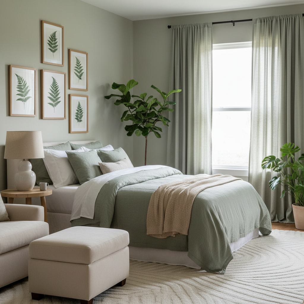Sage Green Bedroom Ideas: Color Palettes, Decor Tips & What Colors Go With Sage Green Photorealistic sage green bedroom, ultra-detailed, 8k resolution, perfect lighting; tranquil atmosphere with cozy bed layered in sage green bedding; plush, neutral-toned furniture creating elegance; soft, ambient lighting bathing the room; walls adorned with nature-inspired artwork; plush rug underfoot; curtains gracefully draped with gentle folds; indoor plants adding refreshing vitality; balanced color palette in calming, harmonious tones.