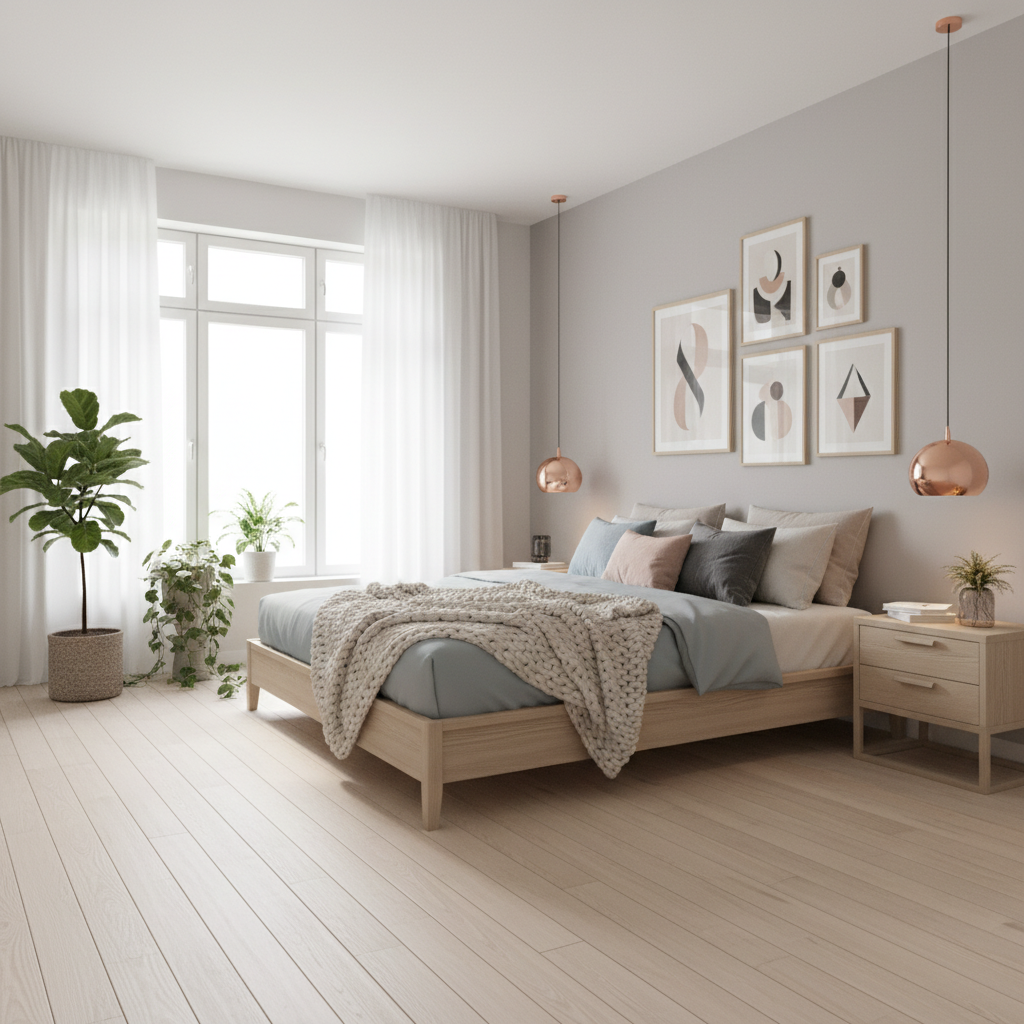 20 Modern Decorating Ideas for Bedrooms Scandinavian-inspired bedroom, bright airy ambiance, light wooden floors; minimalist furniture with sleek lines, light grey backdrop; plush knit throws, oversized cushions in muted tones for warmth; copper pendant lighting introduces modernity; large windows streaming in natural light, vibrant indoor plants add color; carefully curated art on neutral walls, balance between simplicity and coziness; evokes calm and elegance, refined textures and soft tones accentuating the peaceful retreat.