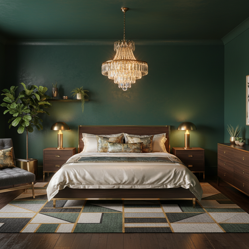 20 Modern Decorating Ideas for Bedrooms Sophisticated bedroom interior, emerald green walls, ivory bedspread; brass accents in decor. Clean-line contemporary furniture, dark wood finish. Shimmering crystal chandelier as focal point. Silk cushions, patterned area rug, lush greenery accents. Warm, ambient lighting casting soft glows. Balance and harmony in composition, luxurious and inviting atmosphere.