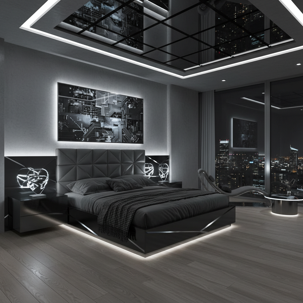 20 Modern Decorating Ideas for Bedrooms Ultra-modern bedroom, sleek monochromatic scheme with gray and black tones; sharp geometric furniture; advanced lighting illuminating designer art; metallic finishes emphasize futuristic style; neutral-toned wooden floors; minimalistic decor; sophisticated, high-tech ambiance; clean, balanced composition; avant-garde elegance.