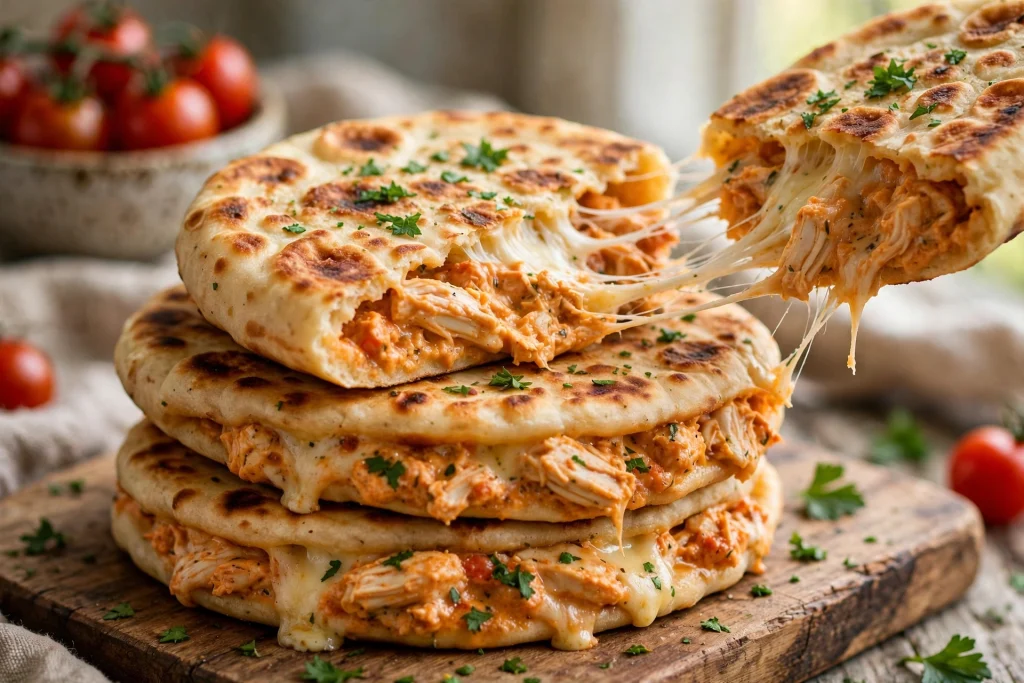 Cheesy Chicken Stuffed Naan - Creamy Tomato Cheese Pull Naan Pockets cheesy chicken naan (1)