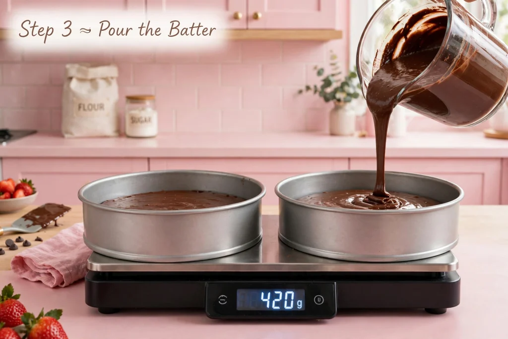 Strawberry Chocolate Cake pouring chocolate batter