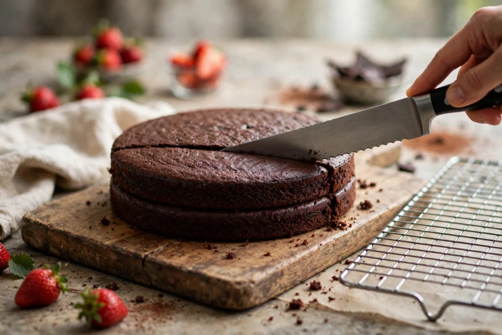 Strawberry Chocolate Cake slicing chocolate cake layer